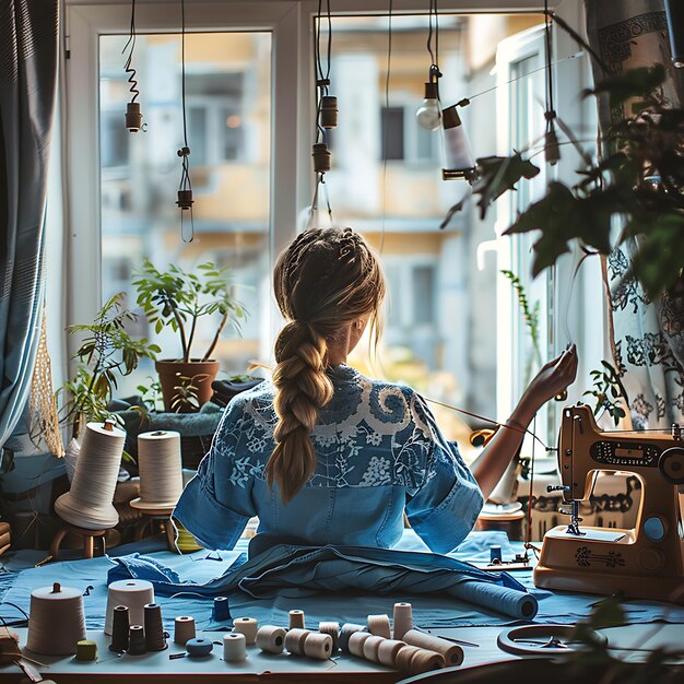 Osoba haftująca przy oknie